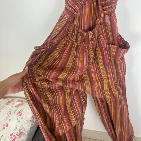 Free People Sundaze For Surfin' Jumpsuit M Red Clay Combo Striped Cotton Boho - Picture 9 of 12